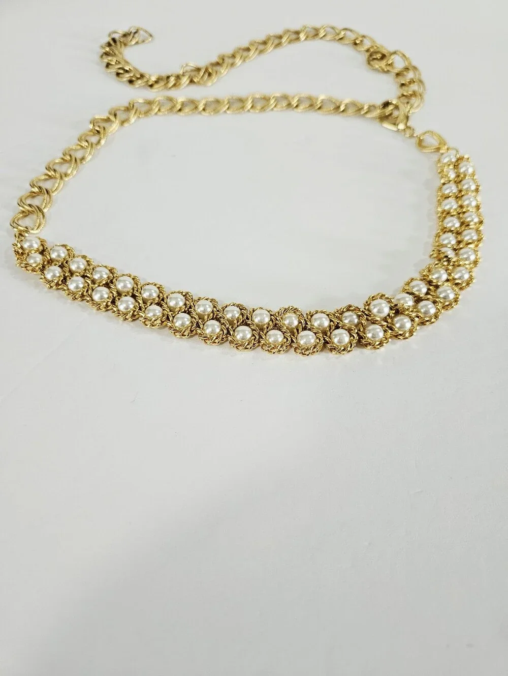 Vintage Gold Tone Double Row Faux Pearl Textured Twist Chain Linked Metal Belt